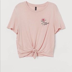 H&M short tie-hem top in pink with flower embroidery in M
